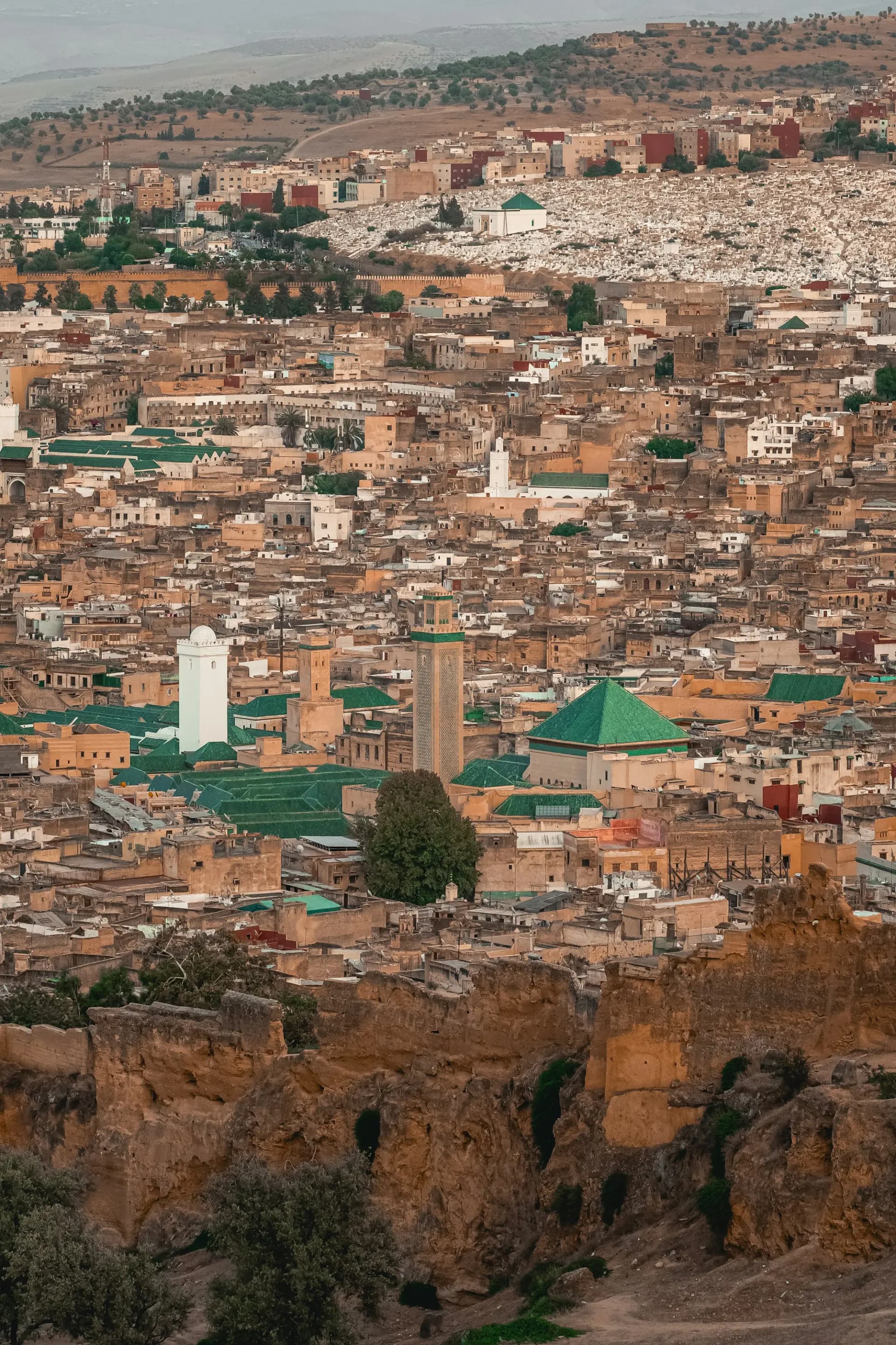 Panorama of the dense Fes medina with green-tiled mosque roofs and minarets